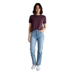ZARA Burgundy Knit Short Sleeve Crew Neck Top Women Size S